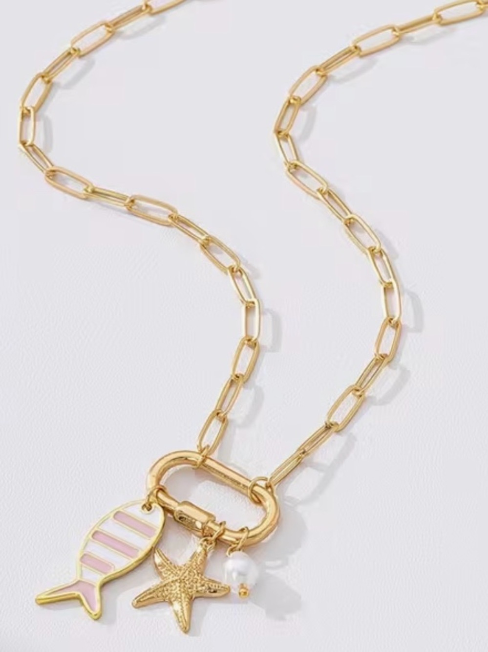 Gold Chain Necklace with Pink Enamel Fish, Starfish & Pearl Charms